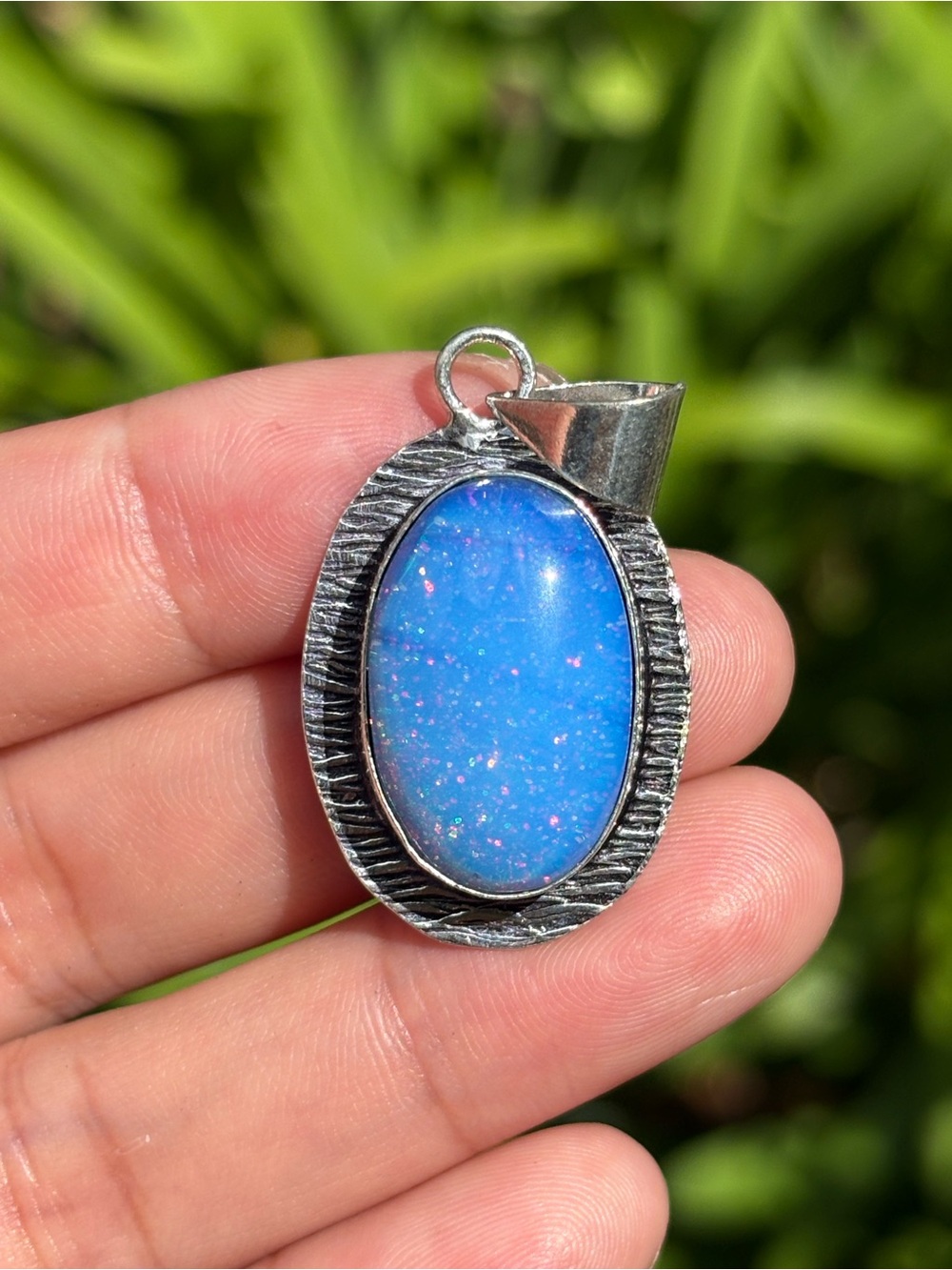 Oval Simulated Blue Opal Pendant Silver Plated ZZPD00002